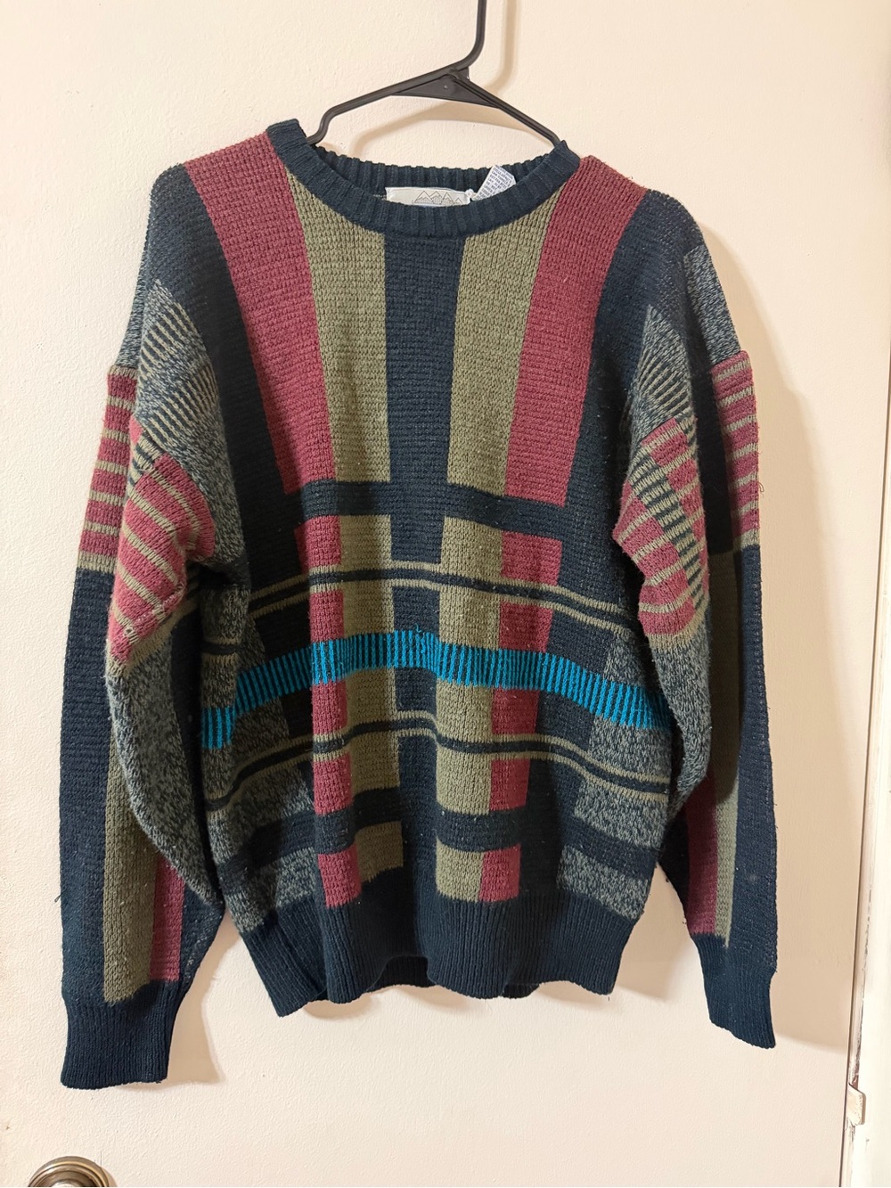 High Sierra Multicolor Geometric Crewneck Sweater — Teal, Olive, Burgundy, Navy